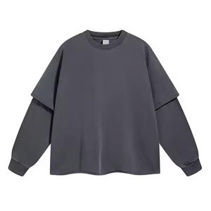 High Quality Cotton <b>Two</b> Piece Sleeved Loose Round Neck Long Sleeve T-<b>shirt</b> Vintage Washed <b>Double</b> Layered Sleeve Sweatshirt - Product Image 5