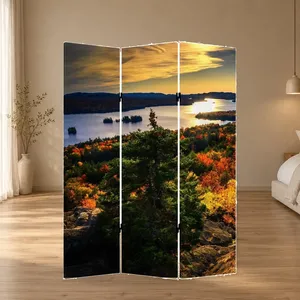 Pantalla Plegable de Lona de Doble Cara con Diseño de Atardecer Otoñal Junto al Lago - Product Image 2