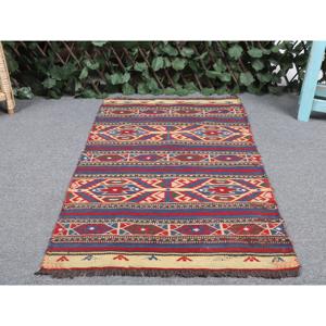 Turkish Vintage <b>Wool</b> Rug 1.9x3.1 ft (57x95 Cm) Kilim Patchwork <b>Red</b> Blue Southwestern Latex Backed Rug - Product Image 4