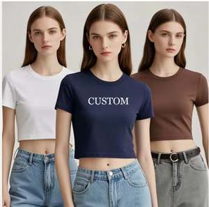 Conception de sérigraphie personnalisée col rond col montant Slim Fit Crop Top T Shirt grande taille vierge couleur unie Sexy femmes T-Shirt - Product Image 5