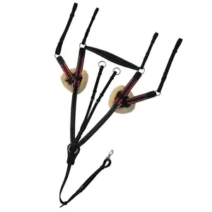 Black Color Leather Five Point Breastplate With <b>Running</b> Attachment and Sheepskin Fur <b>Padding</b> - Burgundy Elastic & White Strips - Product Image 1
