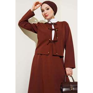 เสื้อแจ็คเก็ตและกระโปรงแบบผูกด้านหน้าชุด2ชิ้นสีน้ำตาล - Product Image 3