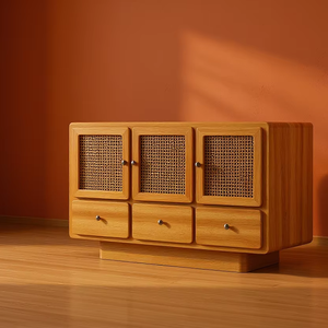 100% Solid Wood Rattan Accent Minimalist <b>Cabinet</b> for Home & Apartment Furniture - Product Image 1