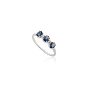 Meilleure qualité 14K or blanc massif trois pierres bague Style classique ovale coupe bleu saphir diamant pour les femmes fêtes mariages - Product Image 6