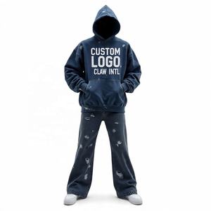 Personnalisé Fabricants de Haute Qualité Sweat à Capuche Zippé et Jogger Noir Brodé Survêtements Deux Pièces Ensemble avec Strass - Product Image 1