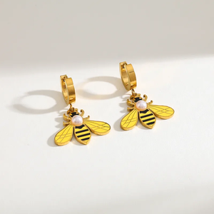 Ensemble de bijoux pendentif abeille élégant pour femmes avec perle et incrustation de zircon Collier en acier inoxydable plaqué or 18 carats Bracelet Boucles d'oreilles - Product Image 3