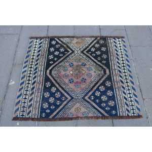 Tapis turc vintage 3,5x2,8 pi (106x86 cm), tapis oriental en laine bleue - Product Image 1