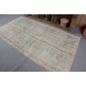 Vintage Turkish Rug Beige Green 4.1 X 7.4ft Handmade Wool Large Area Patchwork Design Rectangular Hallway Latex for Room Decor - Product Image 3