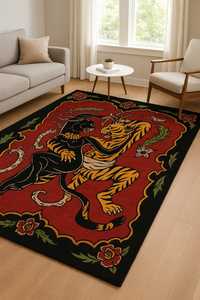 พรมขนสัตว์ทอมือ - ลายเสือและเสือดำต่อสู้ |   พรมหรูหราโดดเด่น |   พรมเปอร์เซียคุณภาพสูงแบบตัดขน - Product Image 4