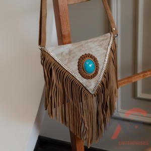 Real Handmade <b>Suede</b> Leather Cowhide Fur With Turquoise Stone <b>Fringe</b> Sling <b>Bag</b> // Crossbody <b>Bag</b> - Product Image 4