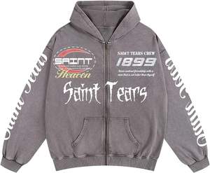 เสื้อมีฮู้ดผ้าคอตตอนแบบสวมหัวมีฮู้ดพิมพ์ลายกราฟฟิตีมีซิปรูดรูดแนววินเทจสำหรับผู้ชาย - Product Image 1