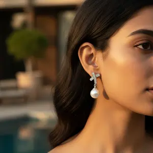 Boucles d'oreilles pendantes vintage en argent avec perles d'eau douce plaquées or, serties de diamants, motif floral, cadeau de fête pour femmes - Product Image 1