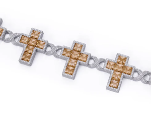 Pulsera de Diamantes Baguette, Pulsera de Eslabones de Oro Amarillo y Oro Blanco de Dos Tonos con Cruz de Diamantes Moissanite, Pulsera Cubana - Product Image 3