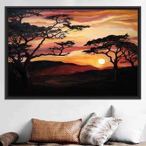 Elegante lienzo impreso con paisaje de atardecer en la savana: paisaje de árboles africanos, lienzo con marco negro - Product Image 1