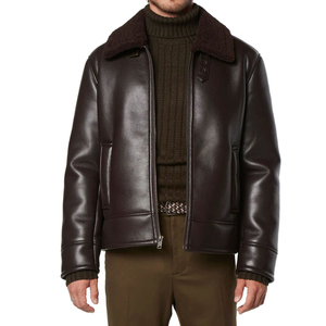 Veste moto en cuir véritable marron foncé pour homme, col rabattu, fermeture éclair, doublure en fausse fourrure, vêtements d'hiver - Product Image 5