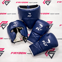 Ensemble de boxe bleu marine personnalisé avec logo, nouveau design, incluant protège-tête et protège-guêtres, gants réglables à lacets, gants de boxe en cuir pour sac de frappe
