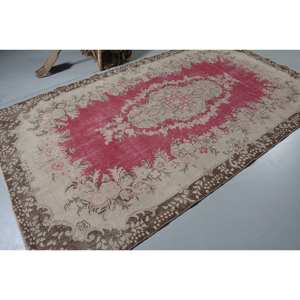 Vintage Turkish Rug Classic Pink Beige 5.9 X 10.3ft Handmade Wool Patchwork Design for Bedside Rectangle Hallway Pattern Latex - Product Image 2