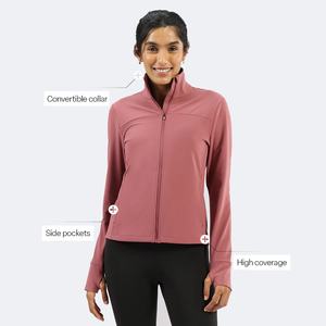 Women's Full Sleeve Zipper Jacket With Convertible Collar And Side Pockets Solid Color Windproof Fitness <b>Top</b> For All Seasons - Product Image 1