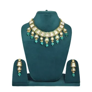 Gold-Plated <b>Light</b> Green Tumble and Polki Kundan Fine Stainless Steel Alloy Studded Jewellery Set with Zircon Tumbled Polki Cut - Product Image 2