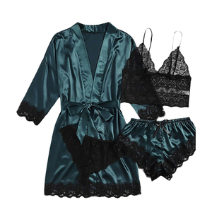 Cheap Price <b>Women's</b> Spaghetti Strap Round Neck Solid Knee Length 4PCS Satin <b>Silk</b> Robes Pajamas Set - Product Image 6