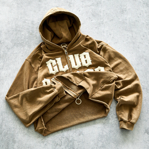 Ropa de calle marrón para hombres Moda de moda Nueva sudadera Cremallera Boxy Hip-hop Elegante Otoño Vintage Boxy Sudaderas con capucha con 2 bolsillos - Product Image 1