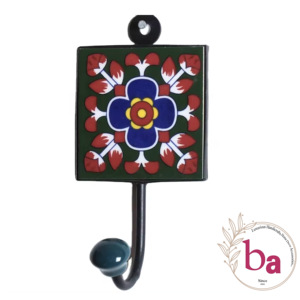 Unusual Rustic Blue Ceramic Tile Wall <b>Coat</b> <b>Hook</b> Unique Pottery Design for Home Decor - Product Image 1