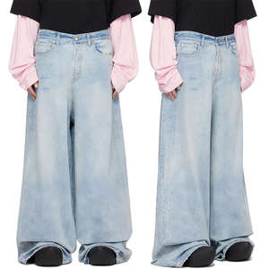 Jeans en denim bleu clair délavé en coton ample et tendance pour hommes, pantalon baggy - Product Image 6