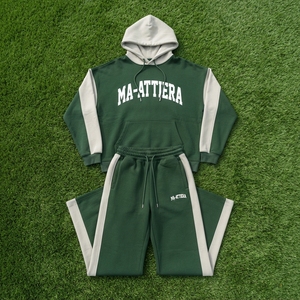 Conjunto de Sudadera con Capucha y Pantalones Deportivos Personalizados para Hombre, Color Verde Oscuro y Crema, de Algodón y Felpa, Estilo Urbano, OEM - Product Image 4