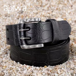 Cinturón Casual de Doble Hebilla para Hombre con Capa Superior de Cuero Genuino, Hebilla de Aleación y Diseño Transpirable - Product Image 1