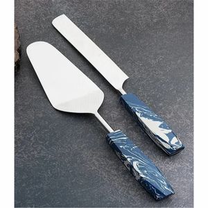 Luxury Stainless Steel Cake Server and Knife Set with Blue Marble Resin Handle Professional Wedding Cake Cutting Set for Events - Product Image 1