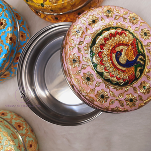 New Arrival 2025 Designer Steel <b>Box</b> With Meena Paint Beautiful Zari Work With Peacock Pattern Steel <b>Box</b> for Returing Gift - Product Image 1