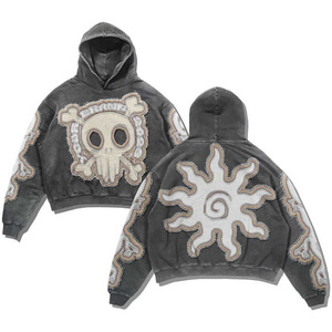 Sudadera con capucha corta vintage de forro polar lavado a la piedra con bordado desgastado, cremallera, logotipo personalizado, impermeable, transpirable, 100% algodón, para invierno - Product Image 3