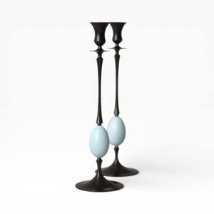 Modern Black Candle Holders Pair With <b>Light</b> <b>Blue</b> Accent Detail For Artistic Home Decoration - Product Image 1