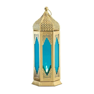 Pure Brass <b>Vintage</b> Embossed <b>Lantern</b> With Sky Blue Glass & Polish Finished For Tabletop Decor Arabic <b>Lantern</b> For Decoration - Product Image 1