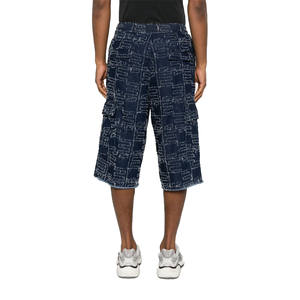 <b>Men's</b> Embroidered Grid <b>Pattern</b> Denim Jorts Custom Logo Luxury Streetwear <b>Men's</b> <b>Shorts</b> with Elastic Waist OEM Vendor Manufacturer - Product Image 3