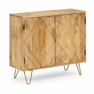 Handmade Solid Mango Wood <b>Sideboard</b> Cabinet | Scandinavian Modern Living Room Furniture | Geometric Pattern Storage Unit Gold - Product Image 1