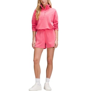 Comprar conjuntos personalizados Rosa cepillado suave polar Terry estiramiento puño media cremallera chaqueta con capucha pantalones cortos 2 piezas salón conjunto mujer 2026 - Product Image 3