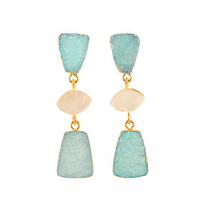 Designer Three Stone Drop Dangle <b>Earrings</b> Sky Blue Sugar Druzy <b>Mother</b> <b>Pearl</b> Brass Gold Plated Fashionable Wear for Weddings - Product Image 1