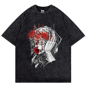 เสื้อยืดแขนสั้นสำหรับผู้ชายวินเทจทรงโอเวอร์ไซส์ผ้าฝ้ายพิมพ์ลาย3D ไหล่ผ้าถักสกรีน - Product Image 4