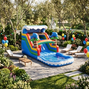 Toboggan aquatique gonflable en PVC de 6 m avec piscine et dauphin arc-en-ciel pour enfants, idéal pour les jeux d'été en extérieur dans la cour. - Product Image 2