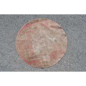 Turkish Vintage Rug, Round 2.7x2.7 ft (83x83 cm) Rug, <b>Red</b> Moroccan <b>Wool</b> Rug - Product Image 2