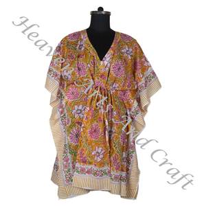 100% Cotton Women Sleepwear Hand Block Printed <b>Kaftan</b> Dress KFCS171 Light Weight Women Casual Occasion Wear Short Caftan Dresses - Product Image 4