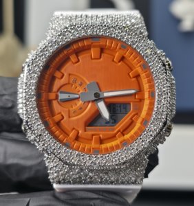 Iced Out Orange Case Dial Round Cut VVS Moissanite Diamond Bust <b>Down</b> Watch For Unisex Party Wear Watch - Product Image 1