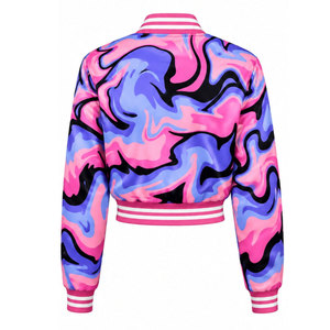 Pink <b>Purple</b> Flame Print <b>Varsity</b> <b>Jacket</b> Full Sleeve Turn-down Collar Button Closure Women's Spring Wear - Product Image 3