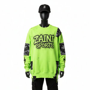 Sweat-shirt oversize pour femme en molleton de coton premium GSM, vert fluo, panneau camouflage, impression d'écran, logo personnalisé, sweat-shirts respirants pour femme - Product Image 1