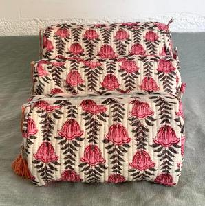 Para Floral Vintage Cotton Cosmetic Bag Set 3 piezas Acolchado Cierre de cremallera Durable Ecológico Bolsa de viaje resistente al agua - Product Image 3