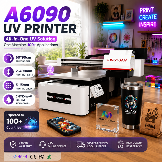 60cmx90cm UV Printer Machine Flatbed Digital Printer I3200 Head Auto-Height Adjustment 360 Rotary Printing Machine