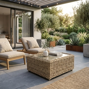 Table basse d'extérieur rectangulaire en rotin tressé naturel avec plateau en verre, pour patio, décoration et design artistique pur pour la pièce. - Product Image 3