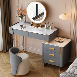 Modern Cream Leather <b>Dressing</b> <b>Table</b> <b>Solid</b> <b>Wood</b> Rock Base MDF Panel Floor Mount Luxury Light Wind Style Bedroom Apartment Living - Product Image 5
