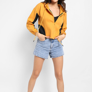 Femmes solide fermeture éclair courte recadrée toile Gym sweat à capuche décontracté à capuche avant Logo goutte épaule saison d'hiver séchage rapide écologique - Product Image 3